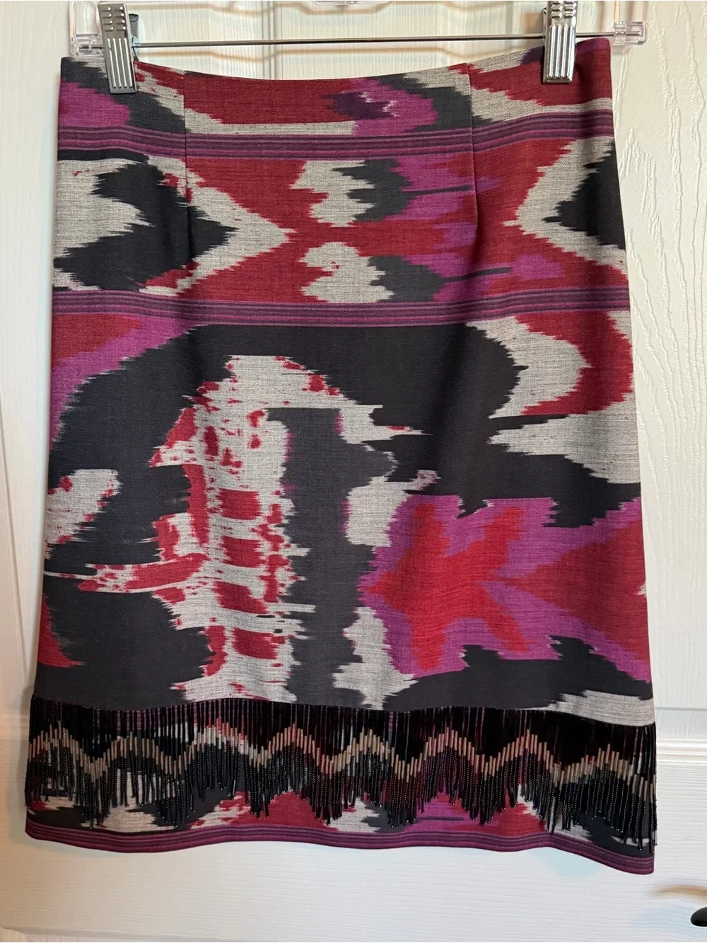 Kobi Halperin skirt featuring an abstract tribal print & beaded fringe trim sz 0